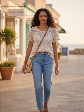 Freshman Crochet Knit Short Sleeve Sweater Top Cream Boho Cottagecore Size Large